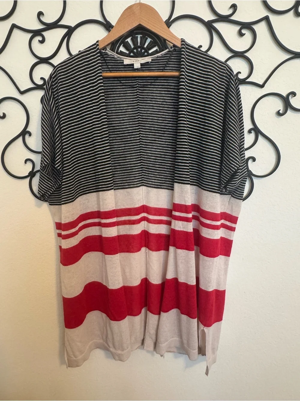 Striped Open Front Short Sleeve Cardigan - Picture 2 of 8